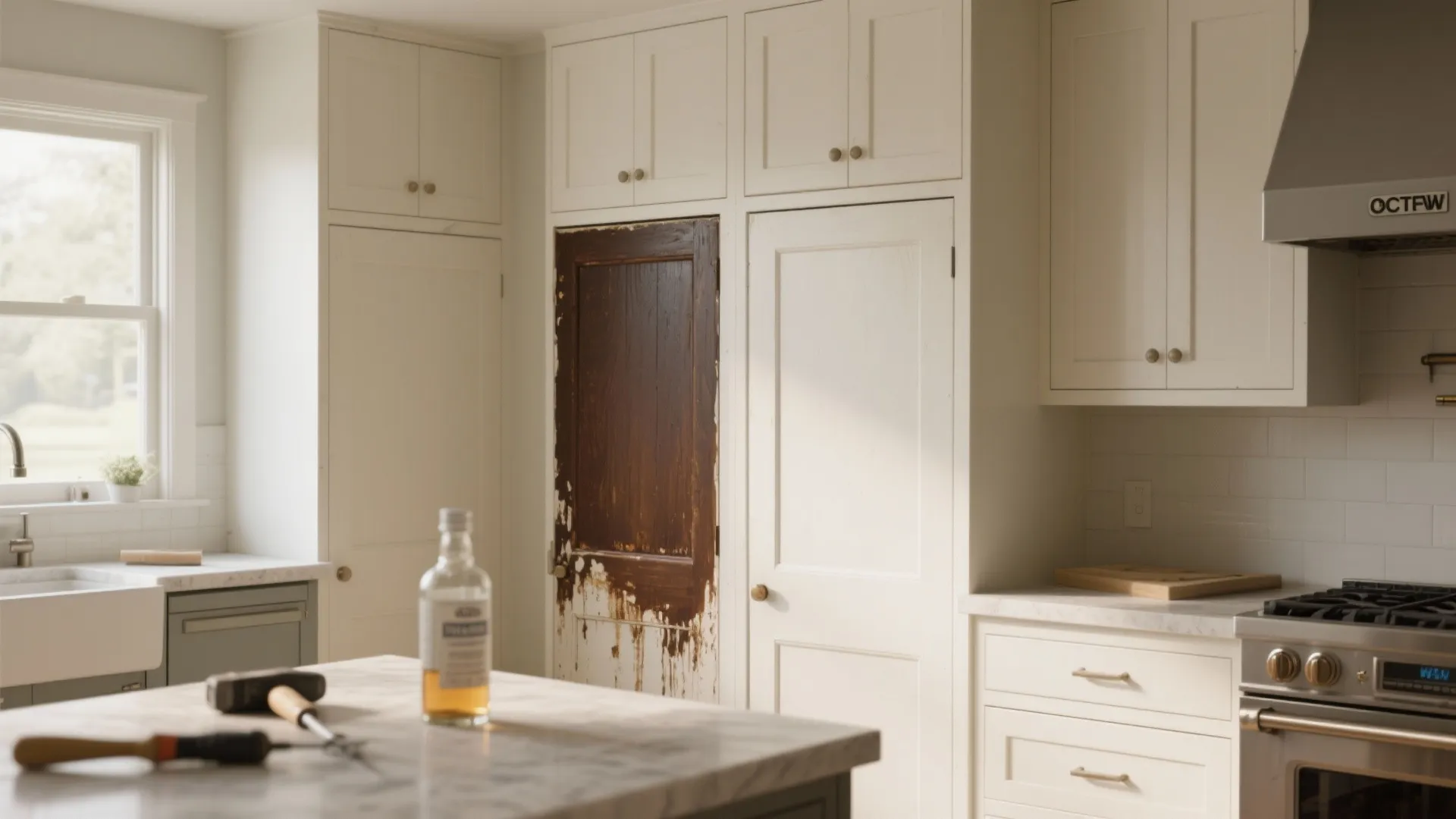White kitchen cabinets with one dark wood door showing peeling paint and tools on marble table