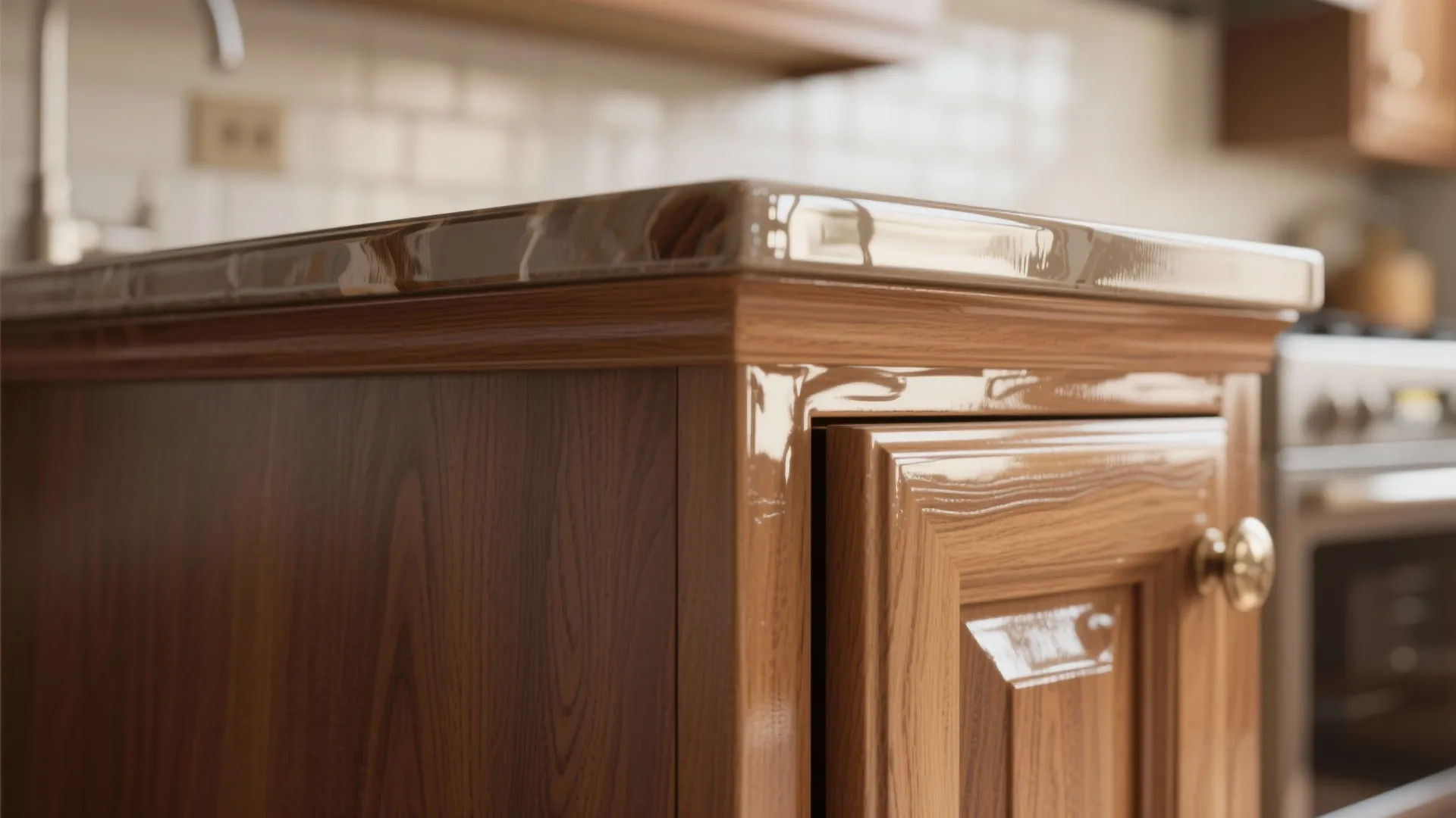 Cabinet corner with shellac primer sealed and glossy waterborne urethane topcoat reflecting light.