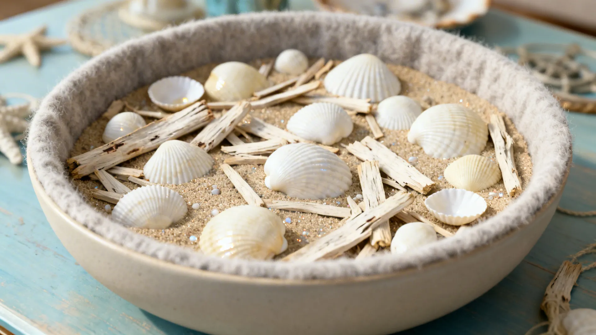 Decorative bowl filled with sand white sea shells and small wood pieces on a blue table