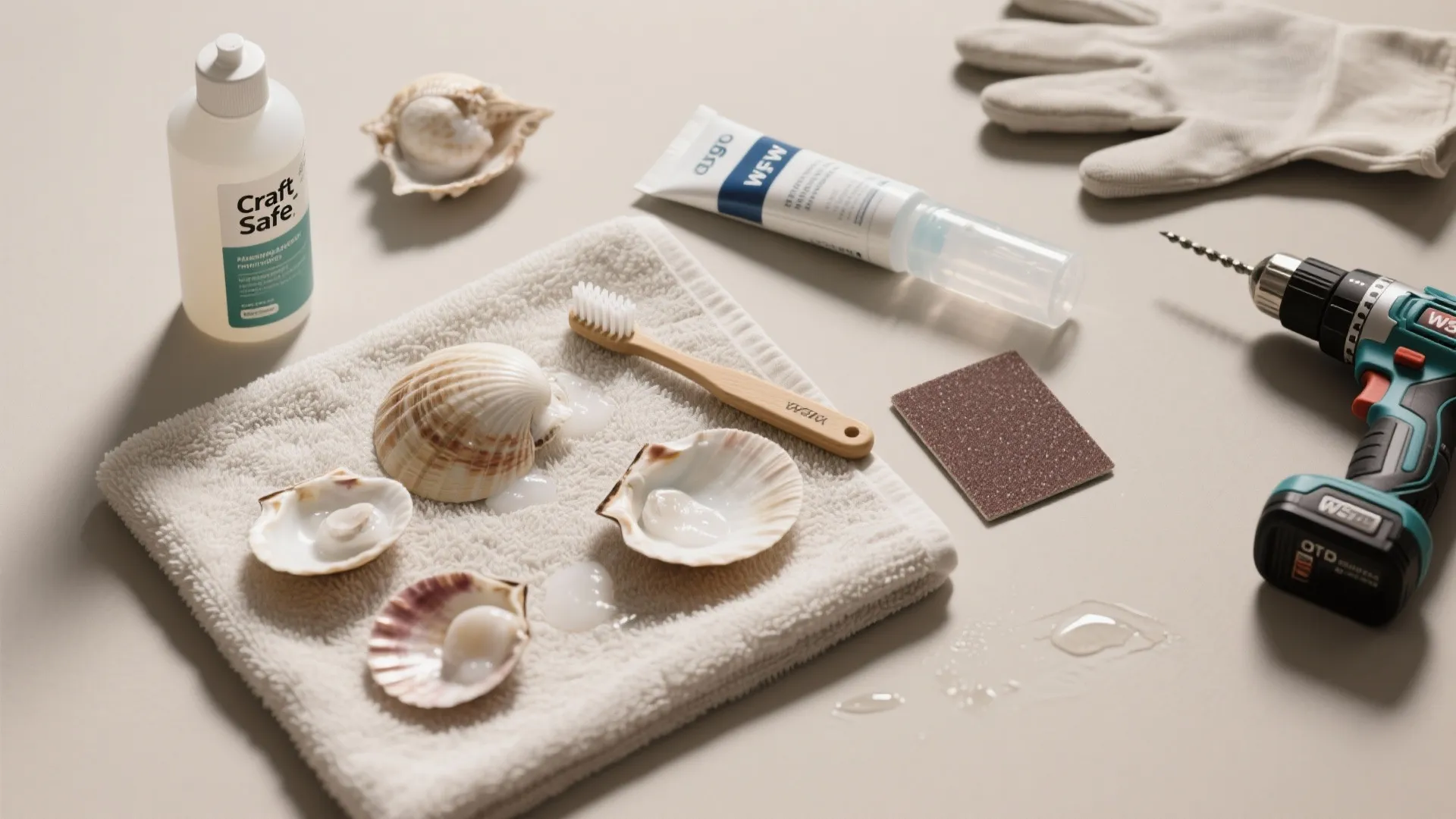 Cleaning sea shells with a toothbrush, white towel, power drill, sandpaper, and a cleaning bottle