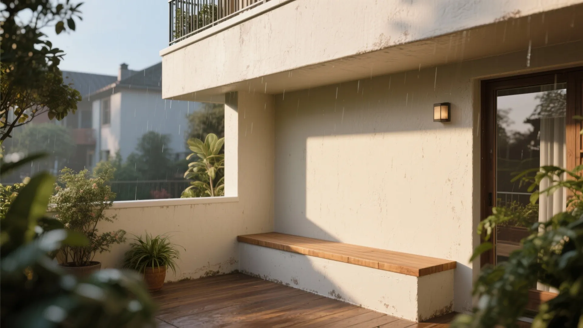 Sheltered outdoor balcony with wooden bench white wall light potted plants and soft falling rain