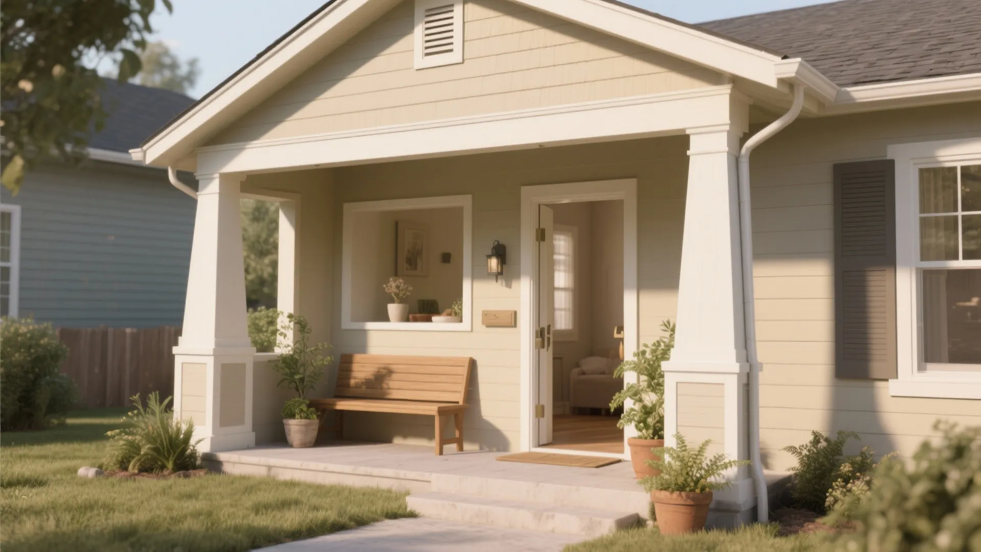 Front porch of a house with wooden bench potted plants white pillars and an open door