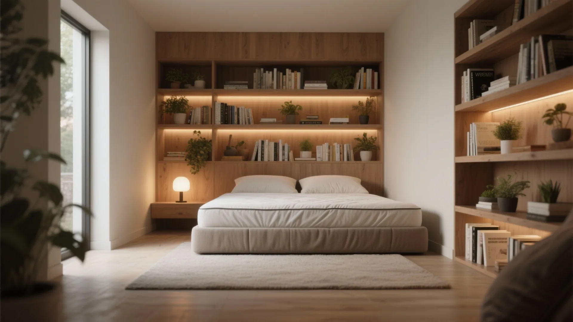 4. Floor bed framed by shelving