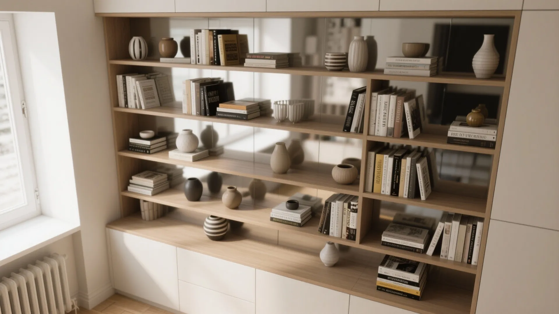 5. Integrated shelving with mirror backing
