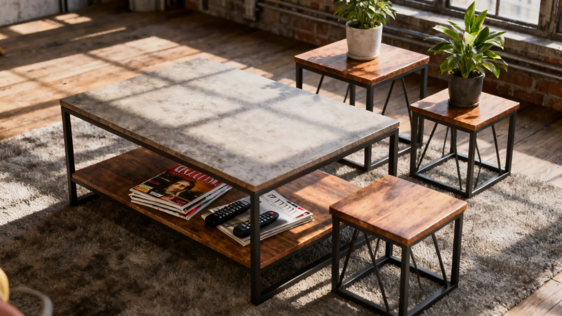 Shelved coffee table storing magazines next to two multifunctional small tables used as stools and plant stands