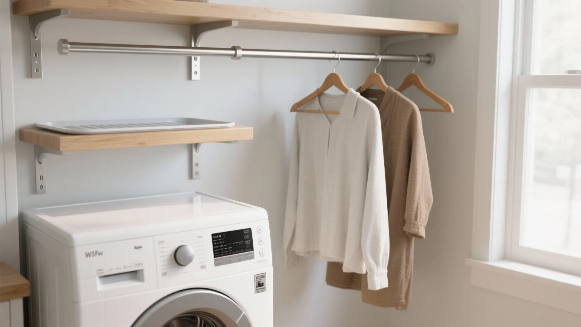 Laundry room interior with white washing machine wooden wall shelves metal hanging rod and shirts