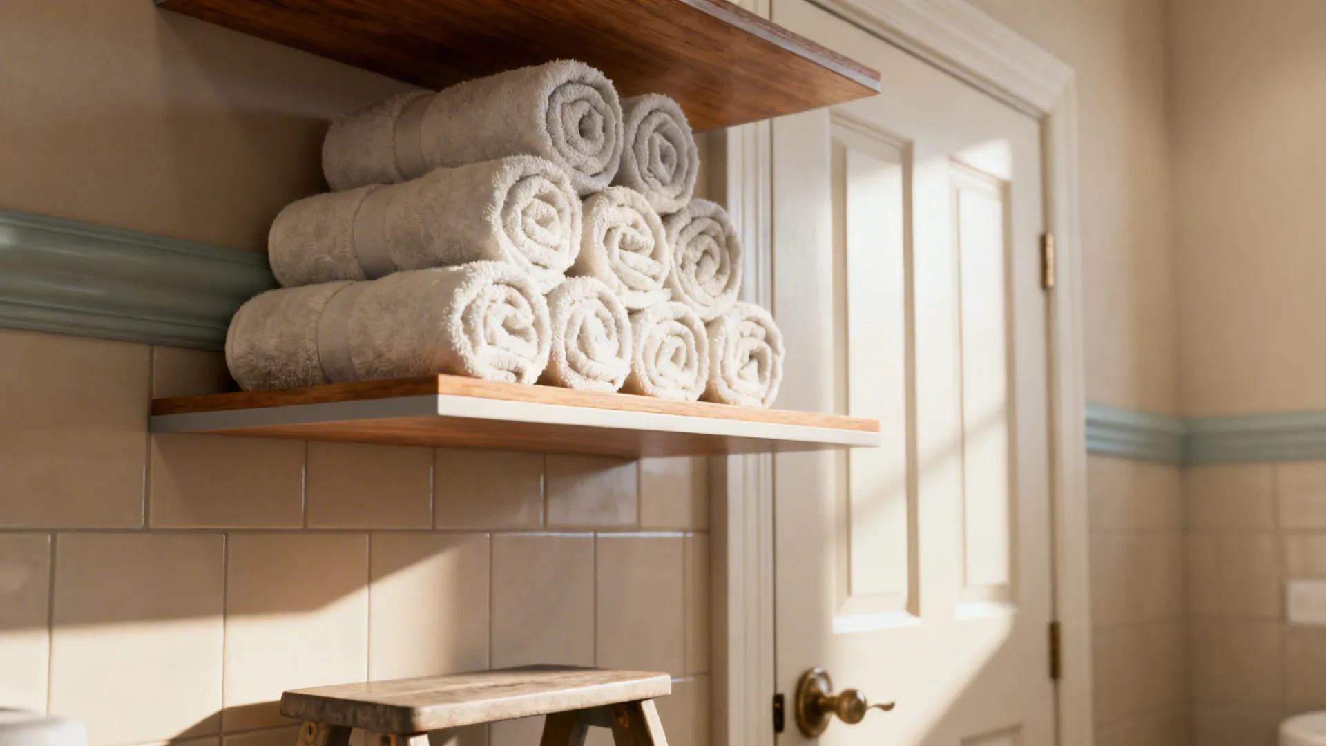 Slim floating shelves above a bathroom door holding rolled towels