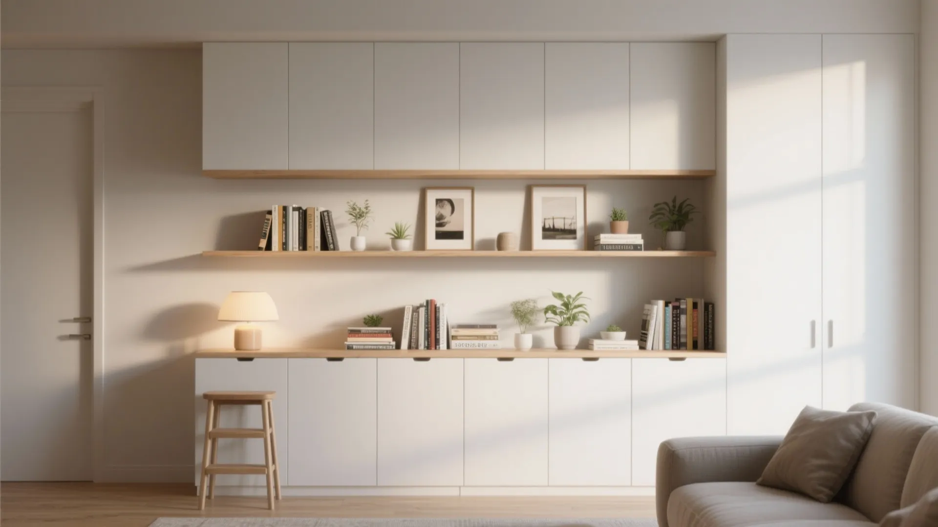 White wall cabinets and wooden shelves holding books and plants above a desk with stool