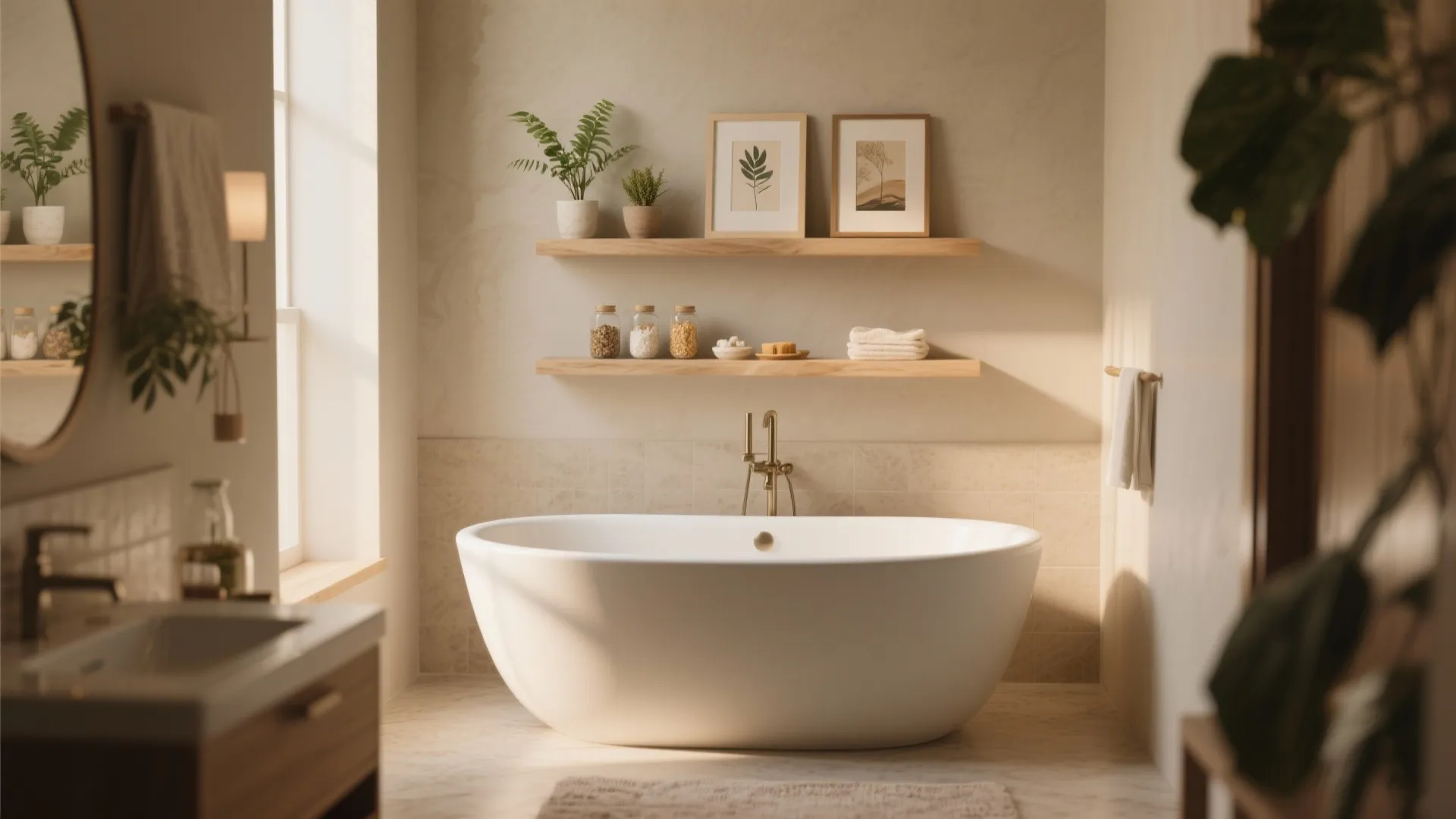 Bright bathroom featuring a large white bathtub under wooden shelves decorated with plants and framed pictures
