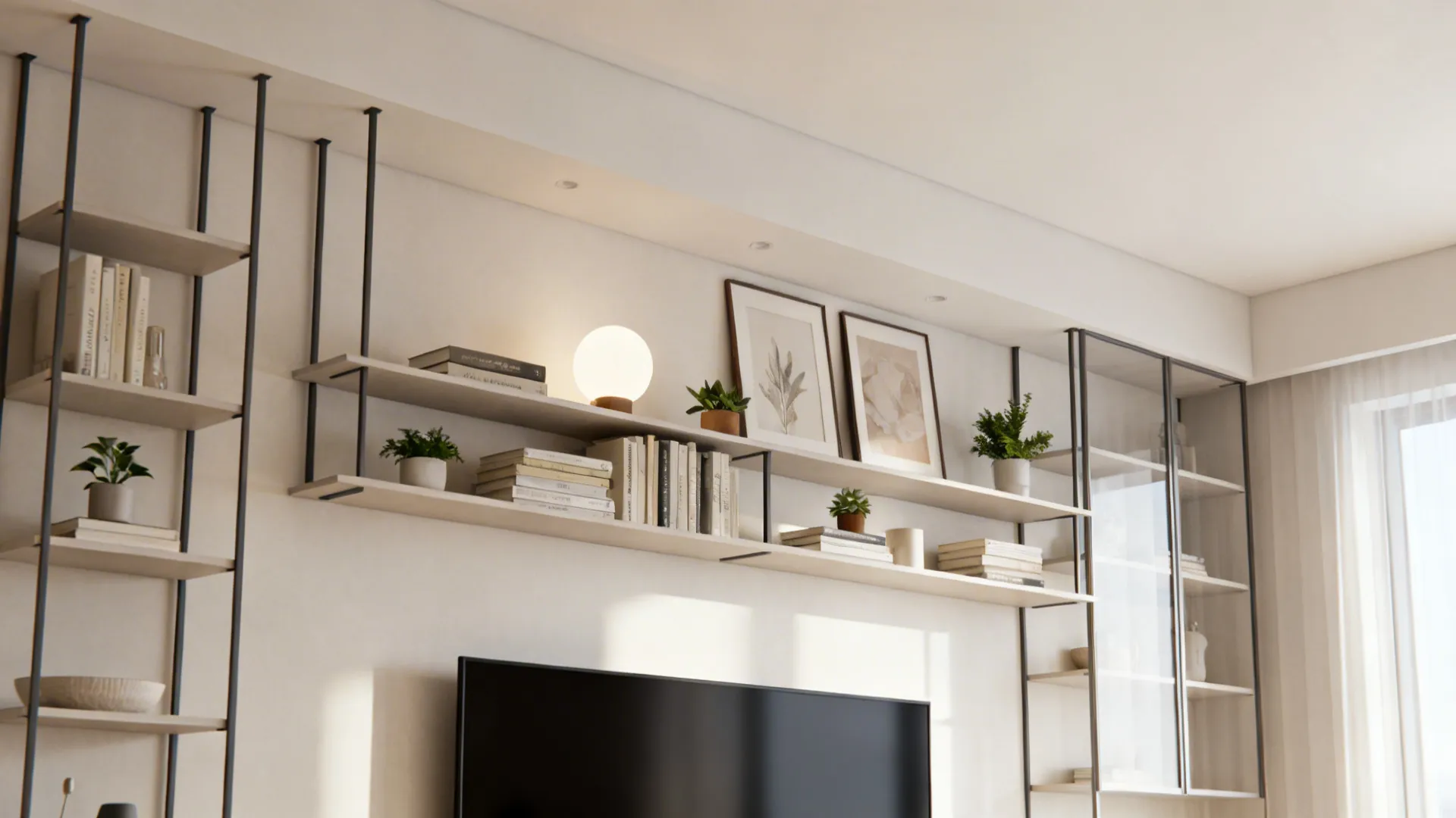 Modern wall shelves above a television featuring books small plants round light and framed art