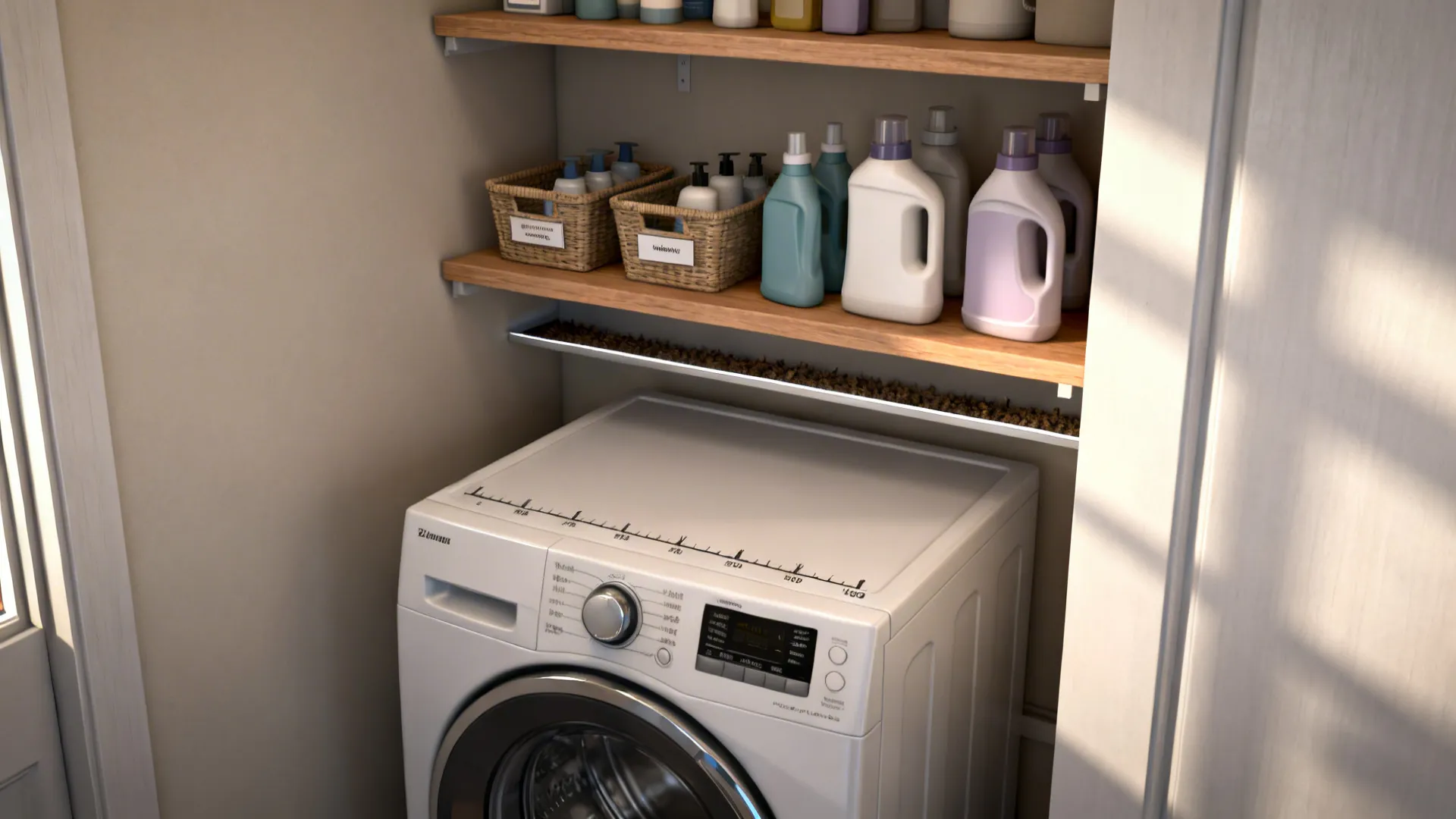 Open floating shelves above a top-load washer with detergents and labeled baskets, showing ample lid clearance.