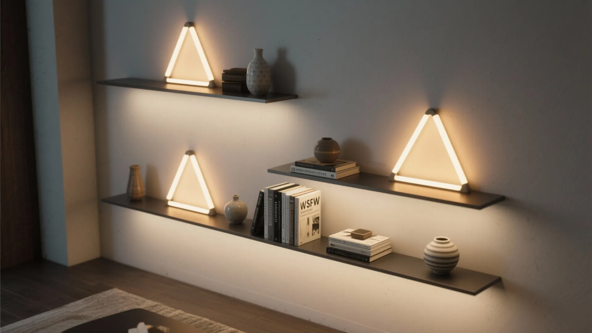 Modern wall shelves with triangle lights books and decorative vases in a warm cozy room