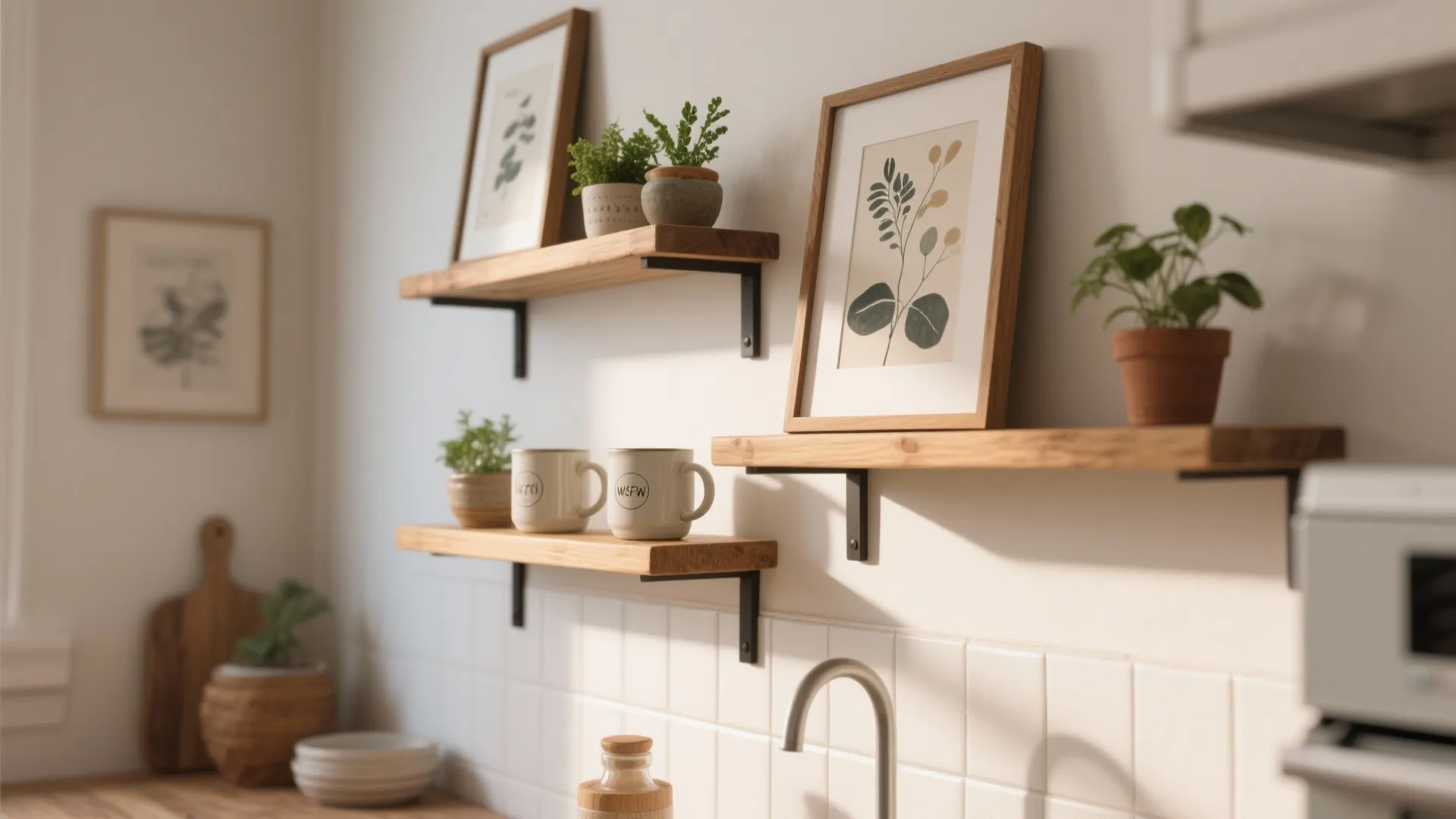 Wooden floating shelves holding potted plants mugs and framed leaf art on white tiled wall