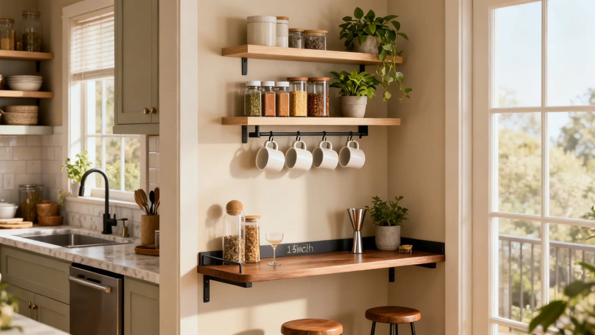 Integrated open shelving above a narrow breakfast bar with spices, mugs, and plants.