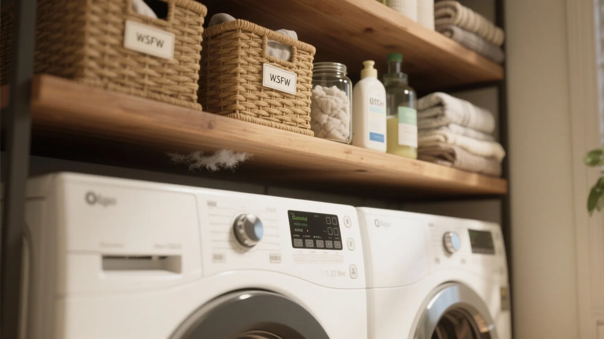 Open Shelving and Baskets Above Stacked Machines