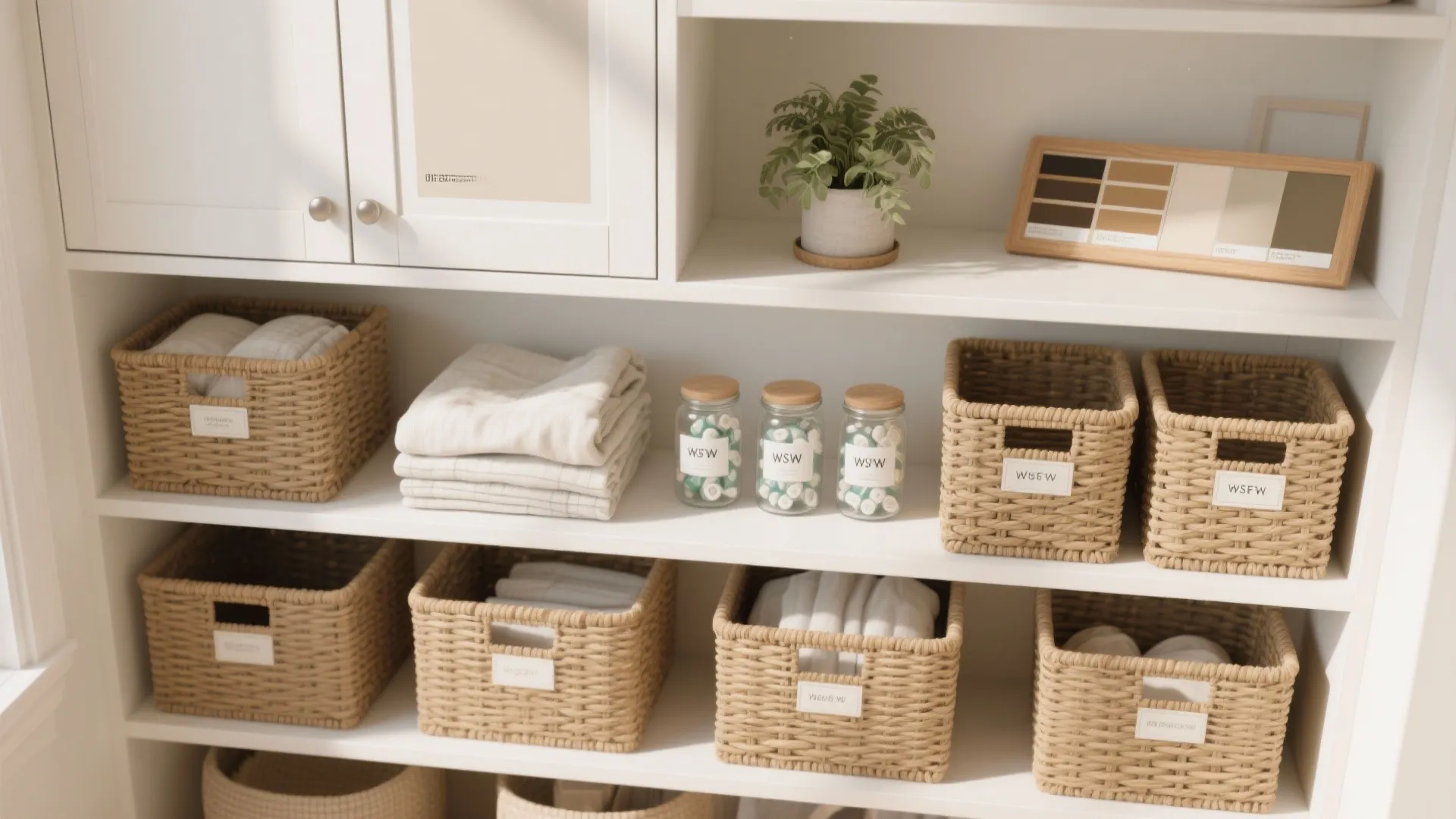 White open shelving unit organized with woven baskets, folded towels, glass jars, and a plant