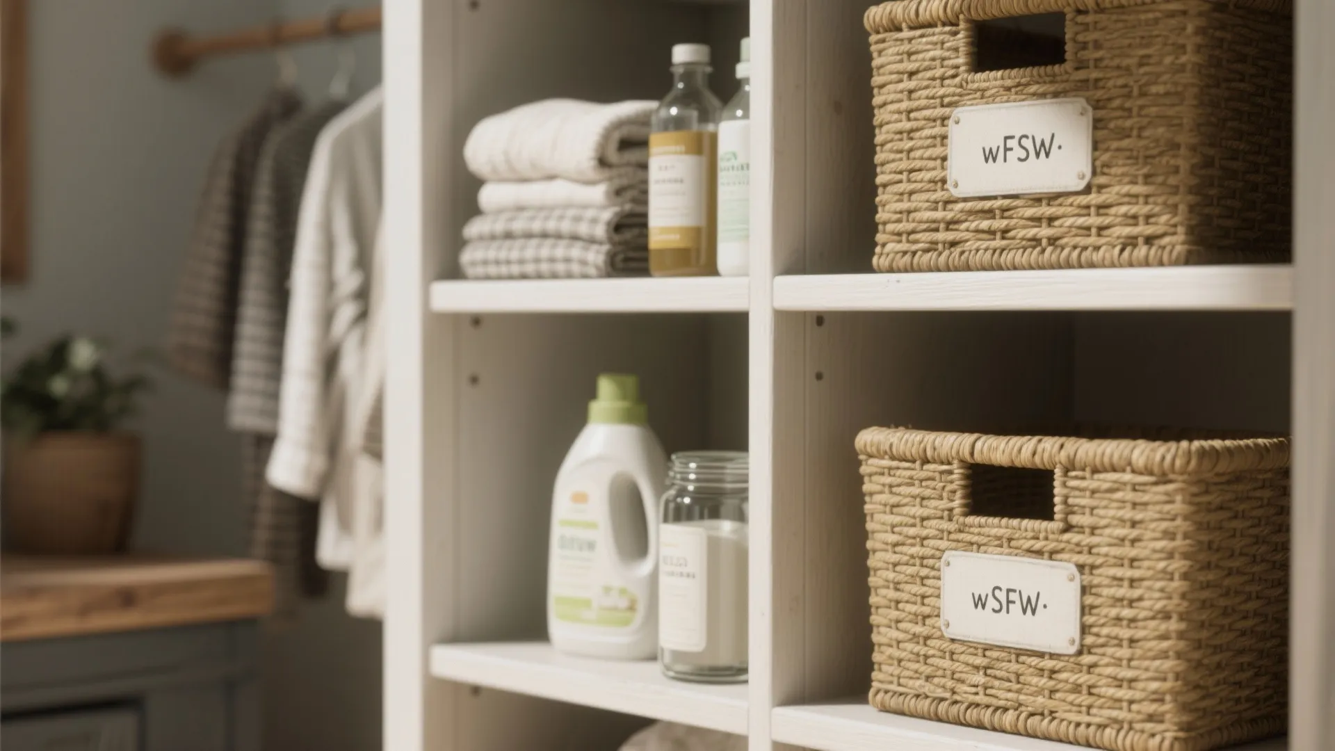 White storage shelves with woven baskets and folded towels and laundry detergent bottles and jars