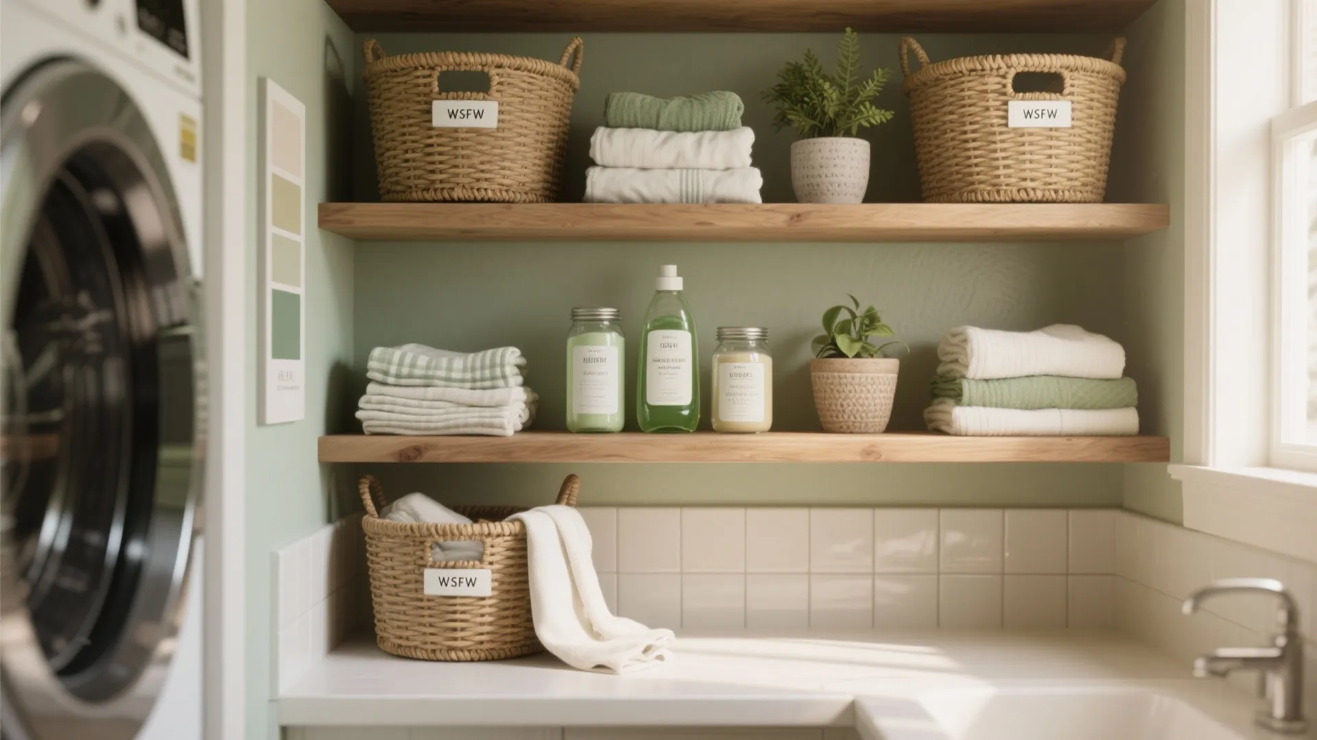 3. Open shelves + baskets for tidy, pretty storage