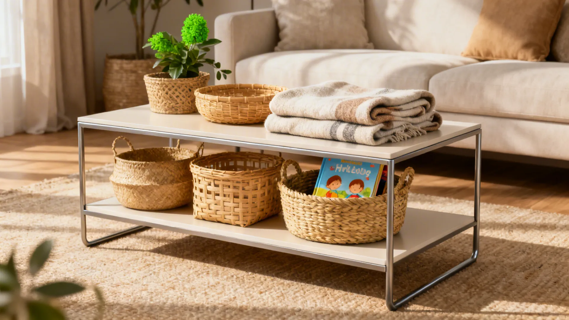 White metal shelf with storage baskets a folded blanket and books in a living room