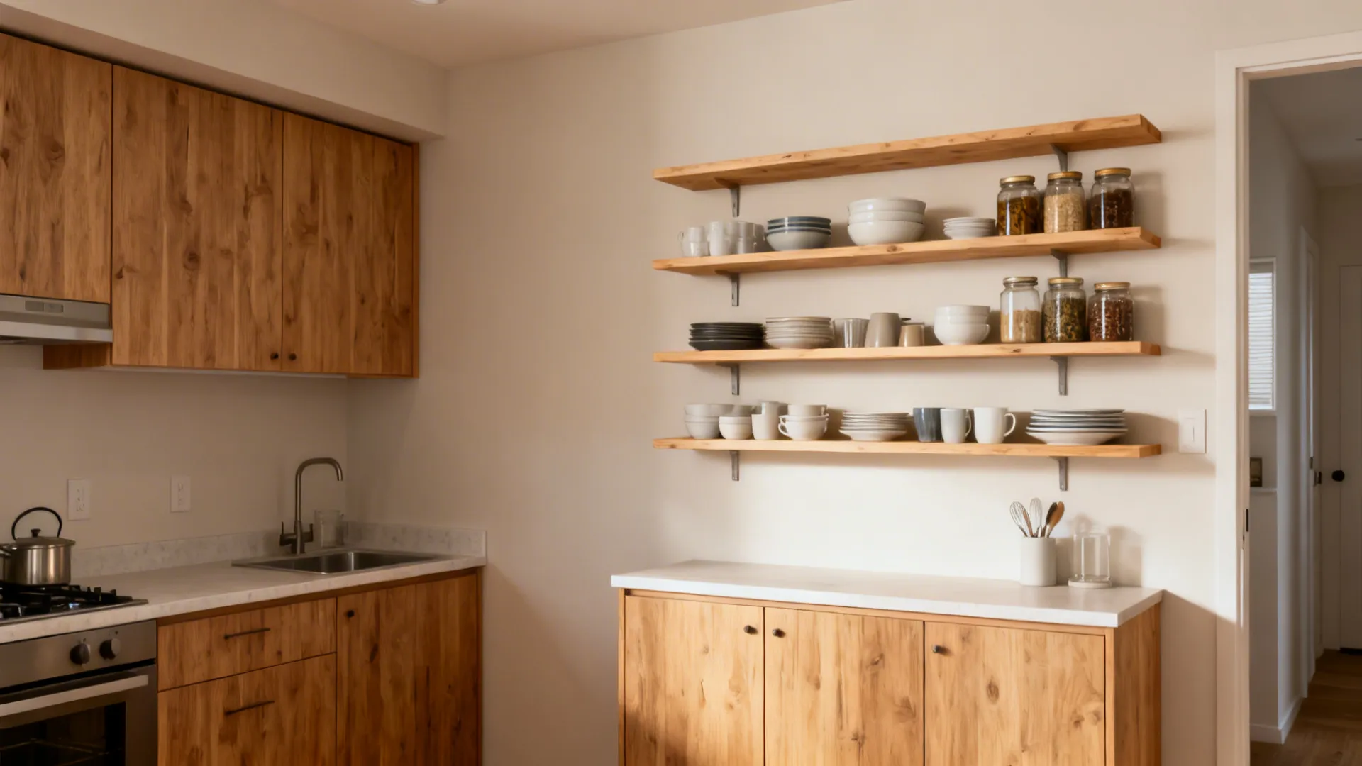 Modern kitchen with wooden cabinets and open wall shelves holding white bowls and glass storage jars