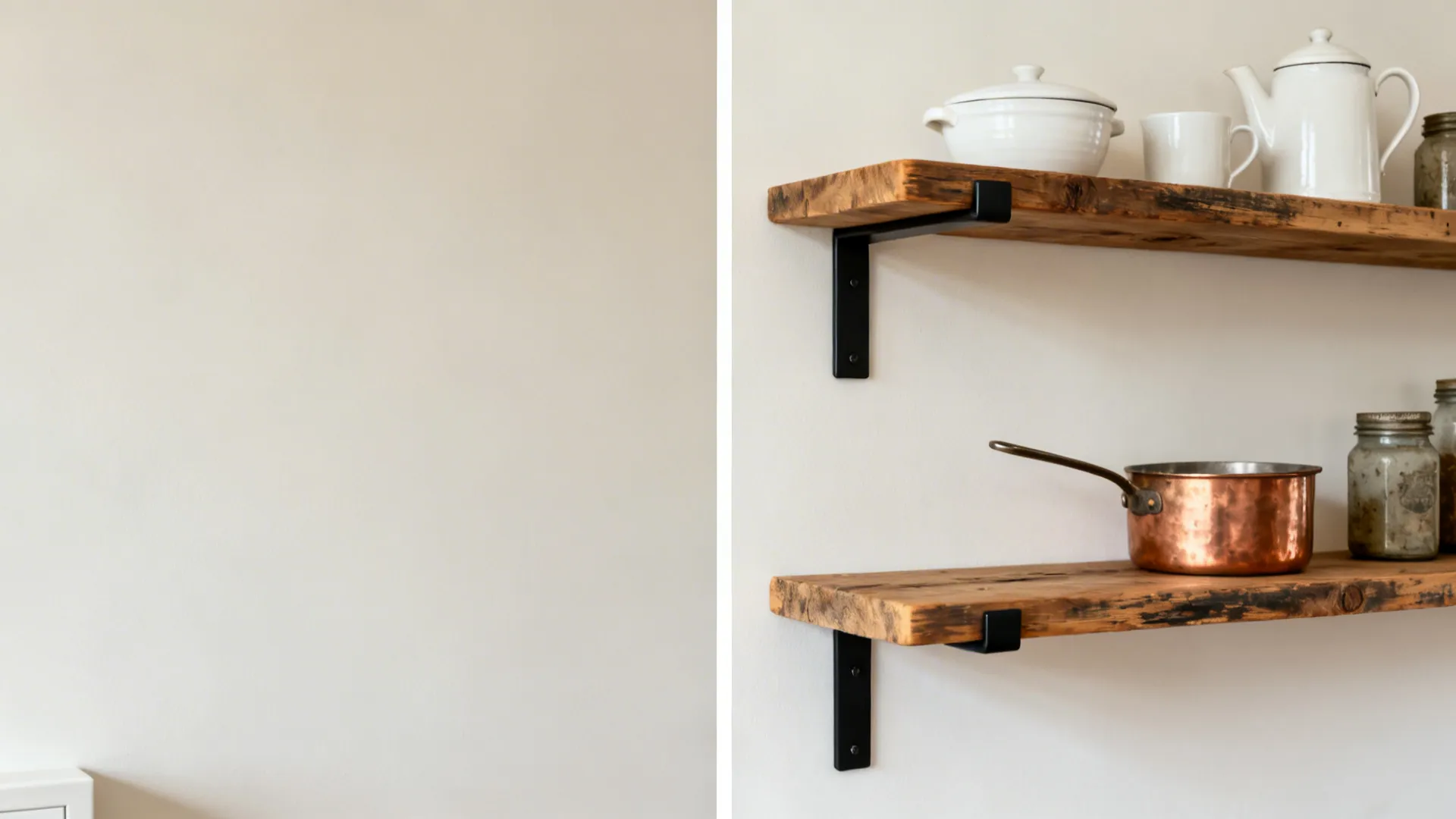 Before-and-after small kitchen wall showing blank space upgraded to curated reclaimed wood shelves.