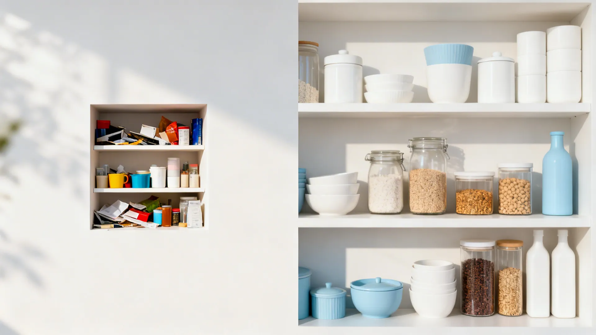 Before-and-after of small open shelves from cluttered to curated white and blue palette.