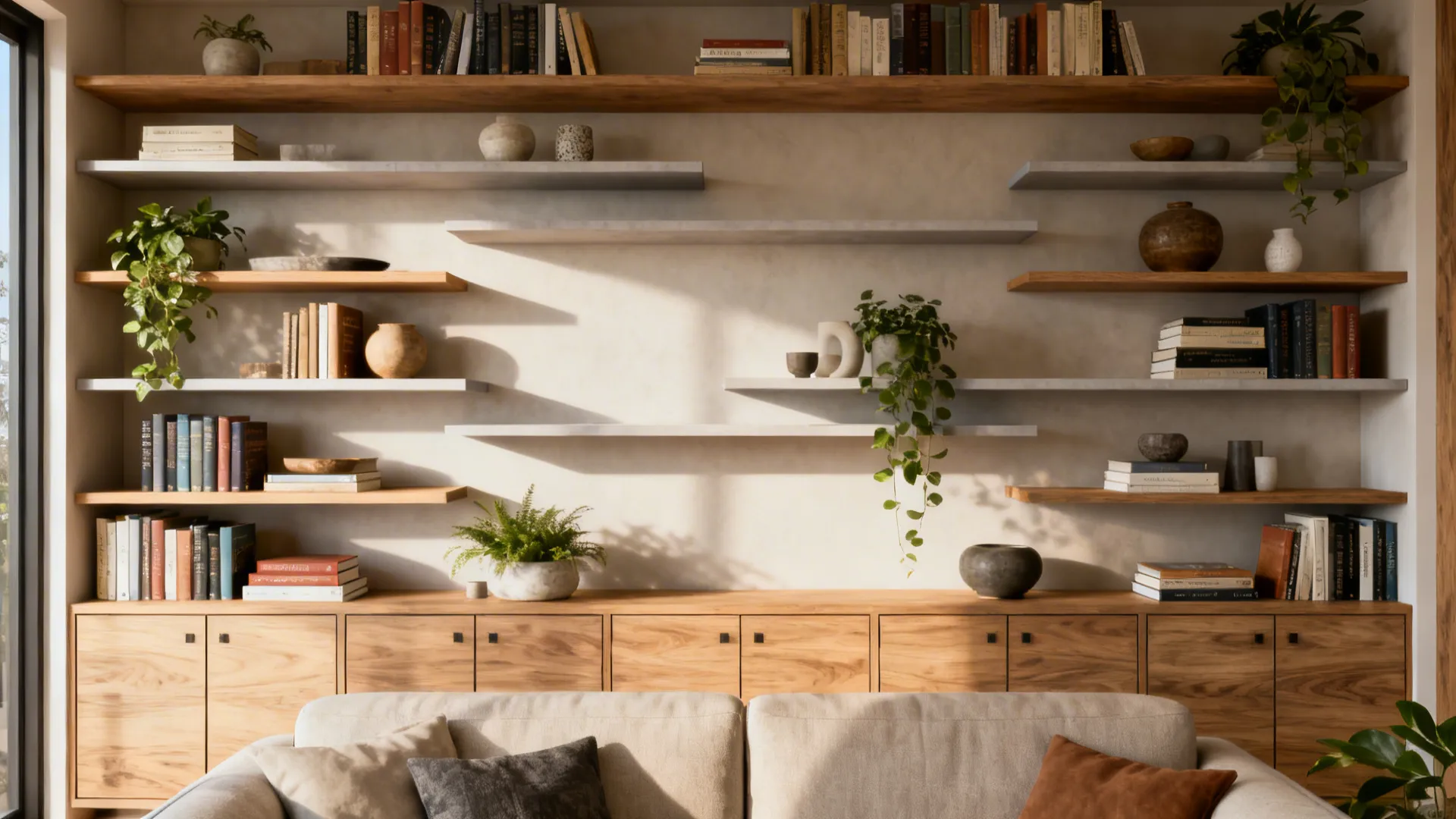 Wooden shelves with books and small plants placed behind a sofa and a wood cabinet