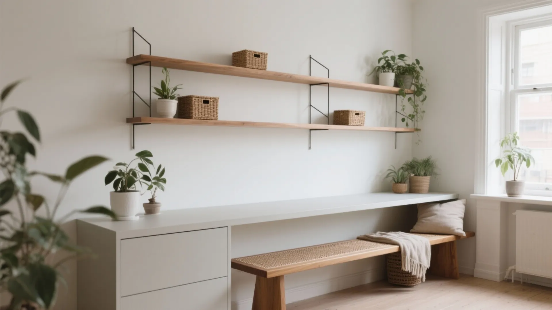 Minimalist white wall with wooden shelves green plants a long desk and a wooden bench