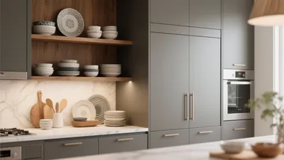 Modern Gray Kitchen with Open Shelving & Marble Backsplash