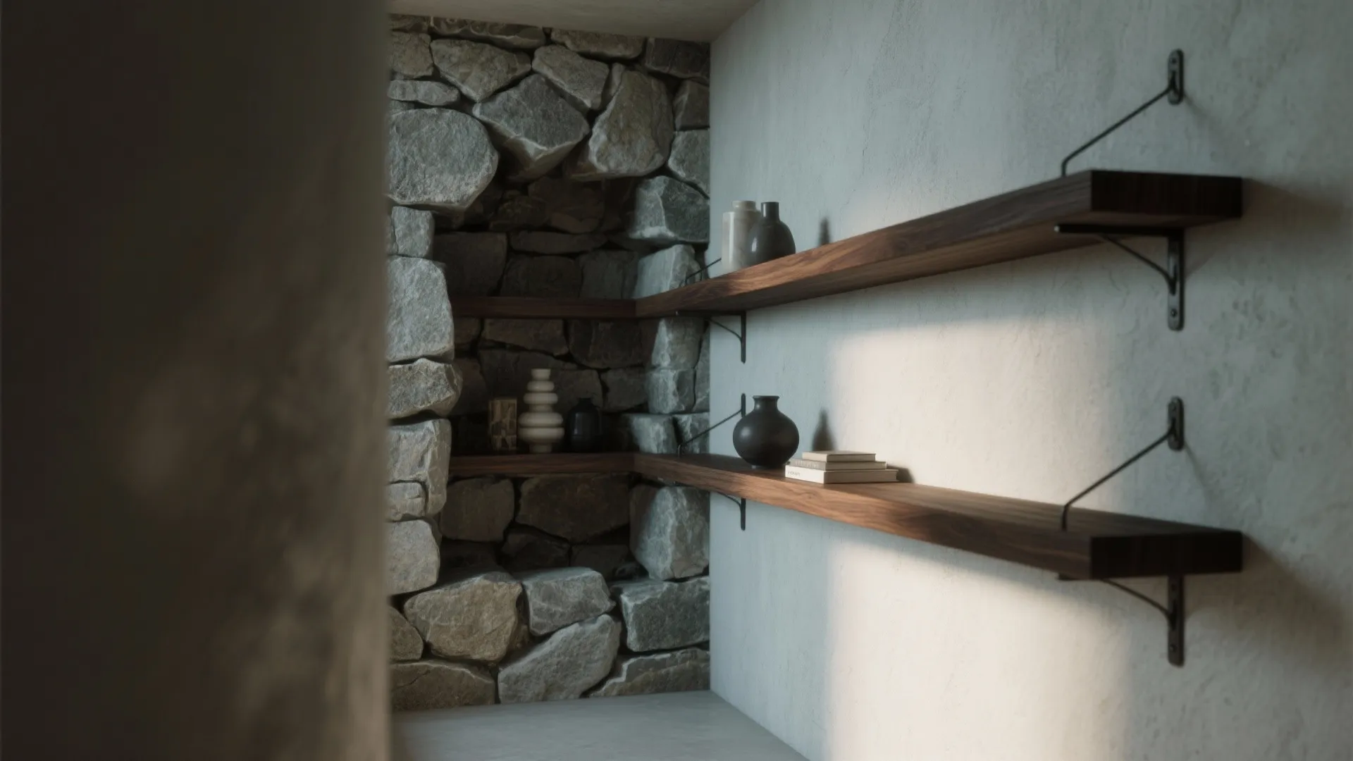 Wooden floating shelves on white wall with stone background, decorative vases, books, and warm lighting