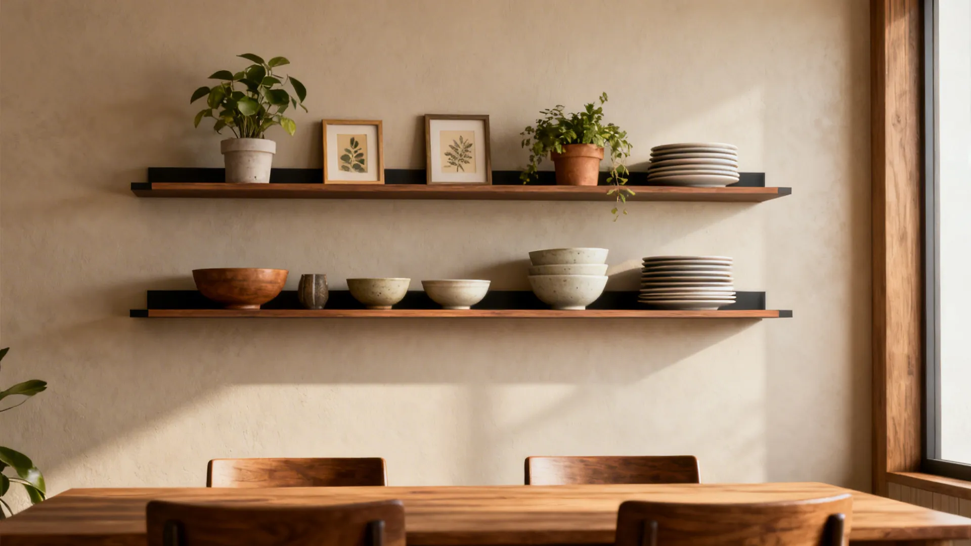 Floating shelves above a dining table with curated objects, plants, and framed prints.