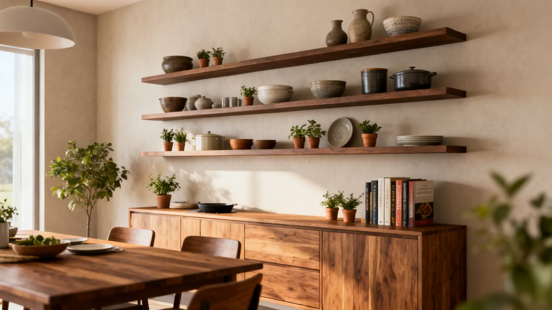 Floating staggered shelves above a sideboard displaying ceramics, plants, and cookbooks.