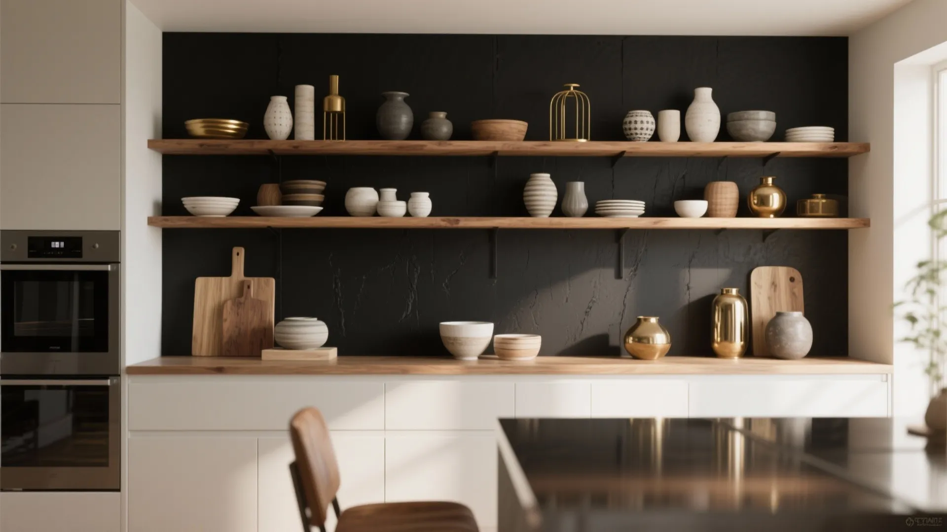 2. Black Behind Open Shelves for Depth