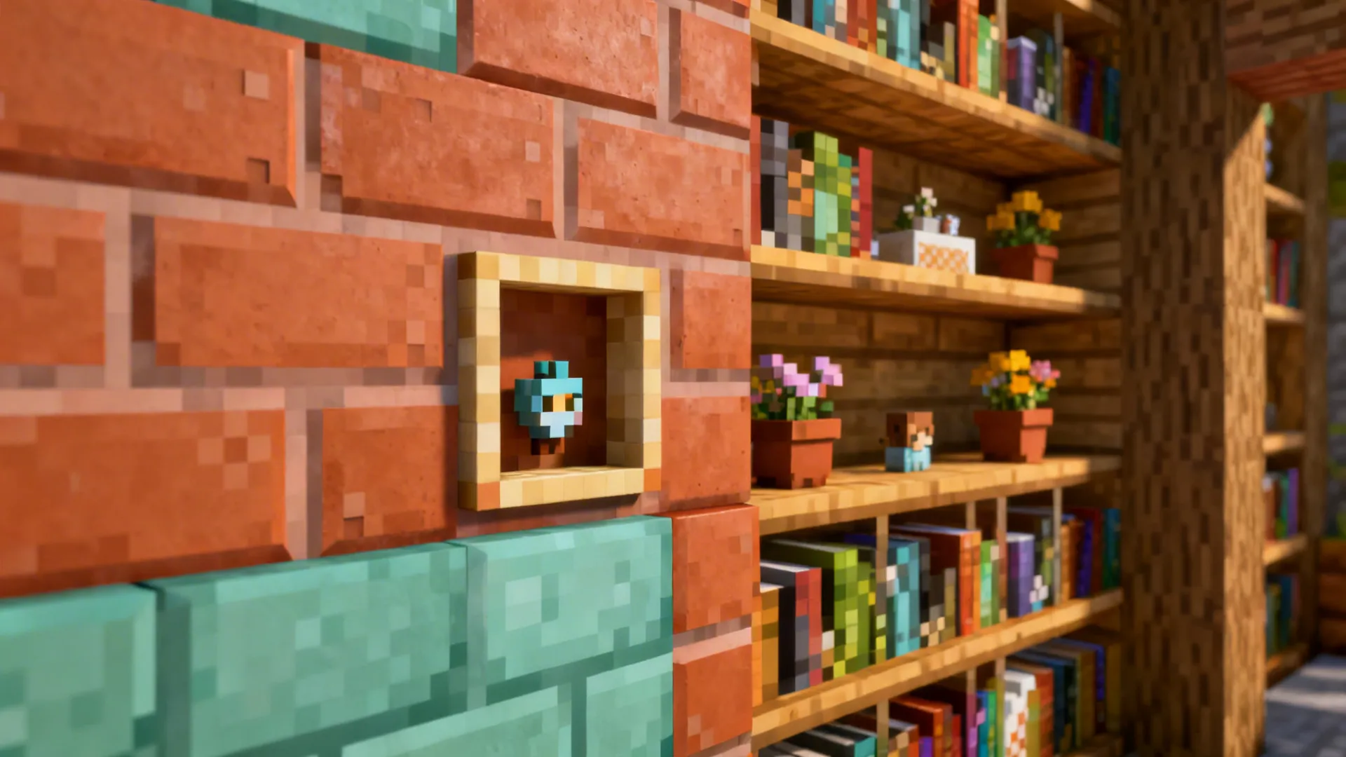 Minecraft style wooden wall shelves filled with colorful books and potted plants beside red brick