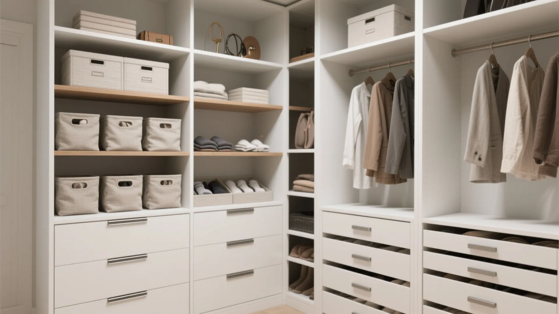 2) Minimalist open shelves with concealed drawers