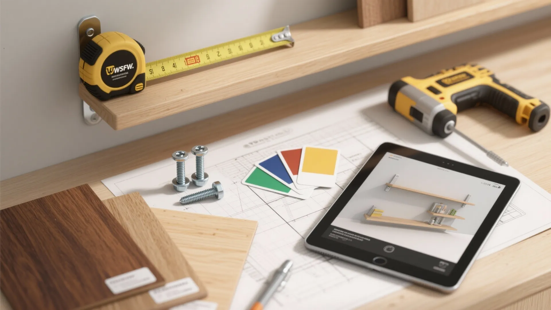 Top-down flatlay of tools and material samples for planning wall shelves, including a tablet with a 3D preview.