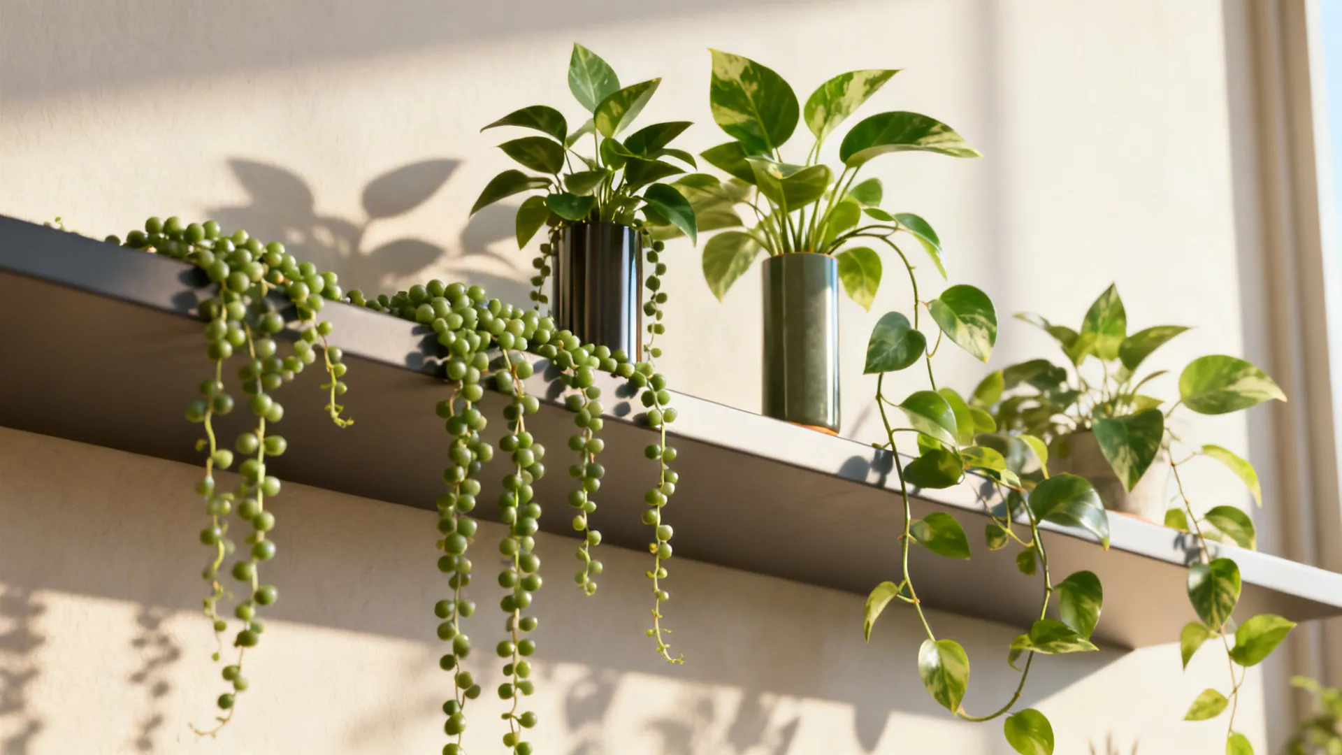 Black shelf with green indoor plants in small pots and trailing vines against cream wall