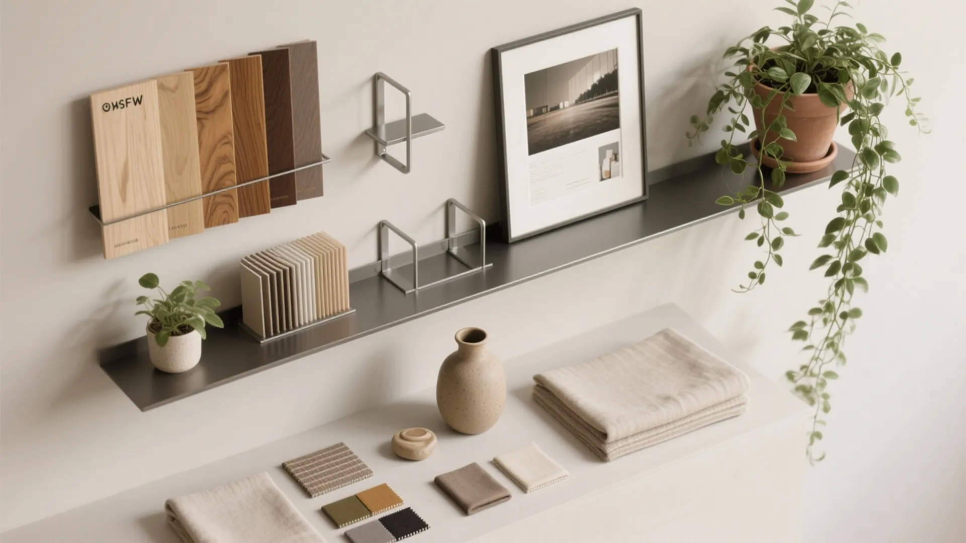 Interior design materials display with wood samples fabric swatches potted plant and grey wall shelf
