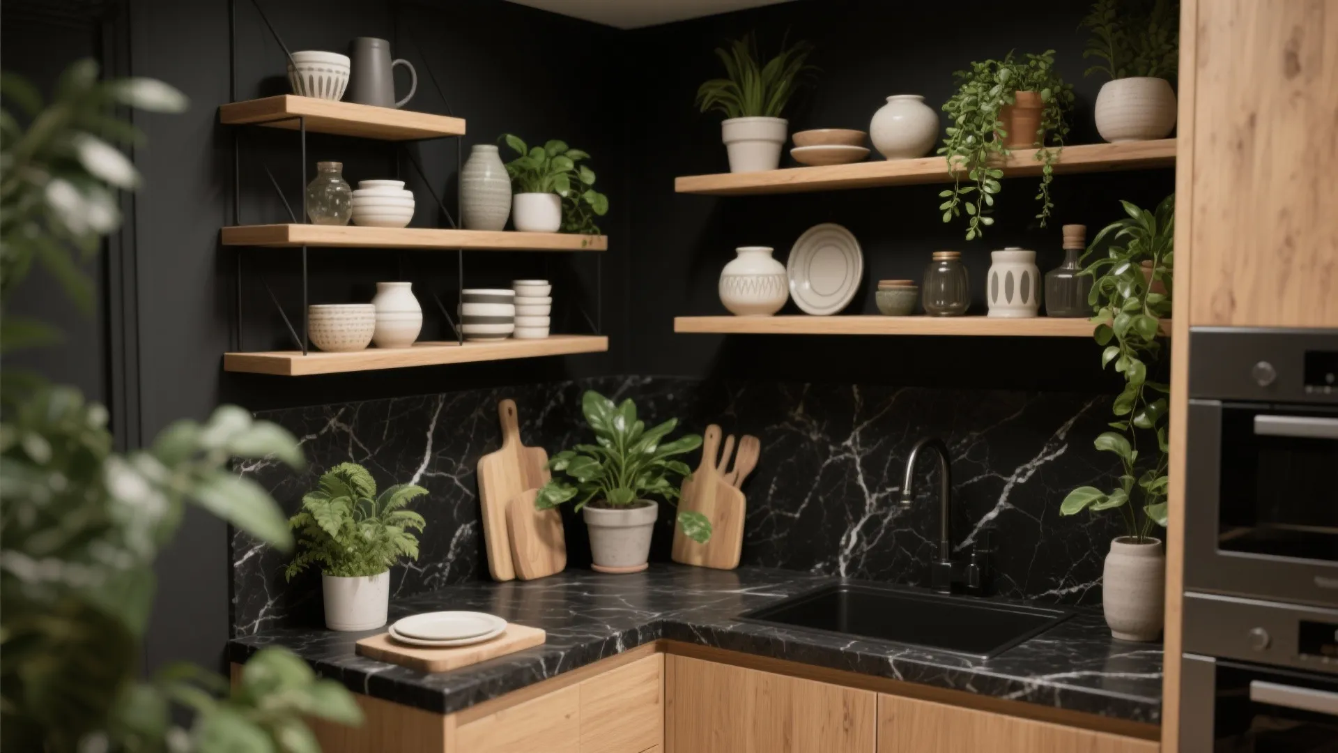 Black marble kitchen corner with wooden floating shelves holding white pottery green plants and cutting boards