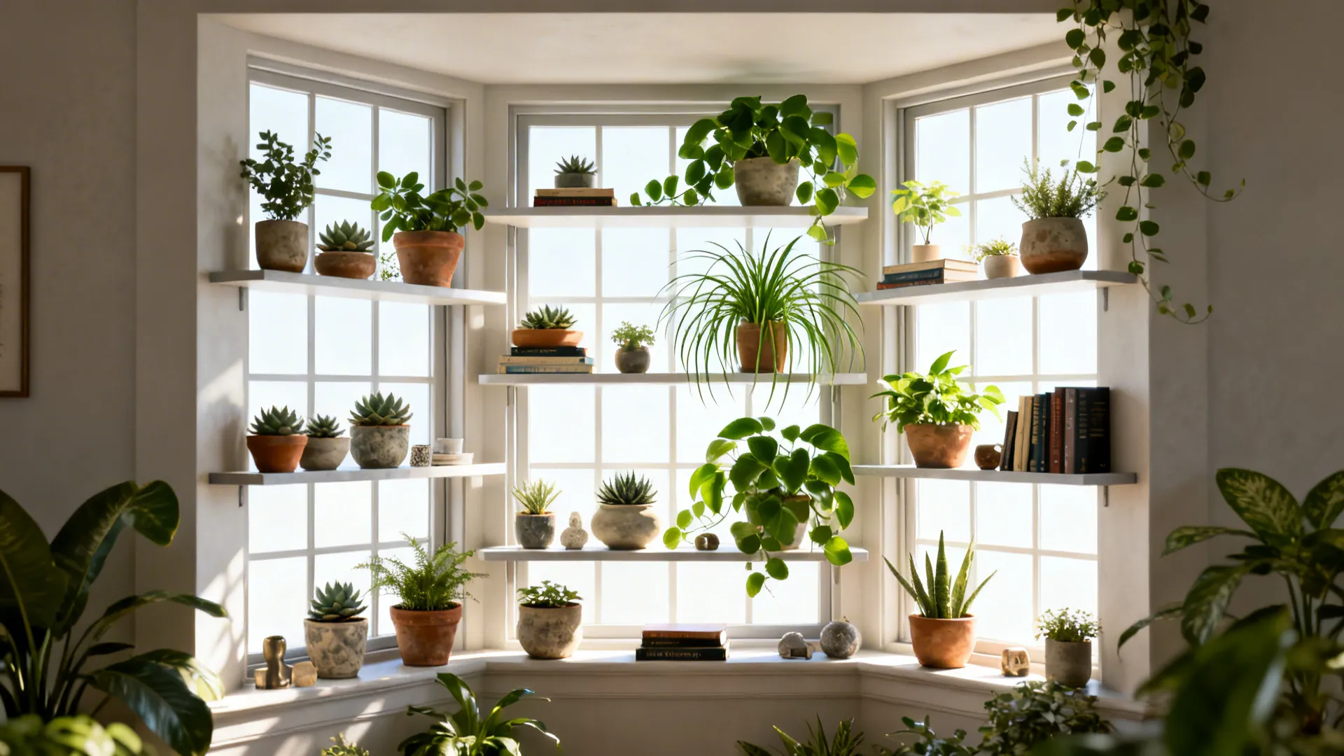 Staggered floating shelves in a bay window displaying plants and books