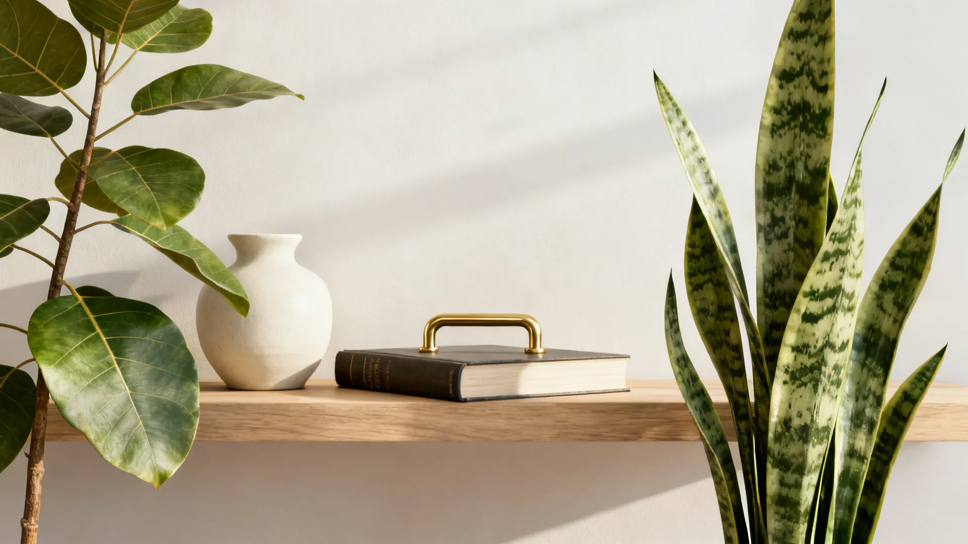 Curated open shelving with cream ceramics, matte brass accent and large-leaf plants.