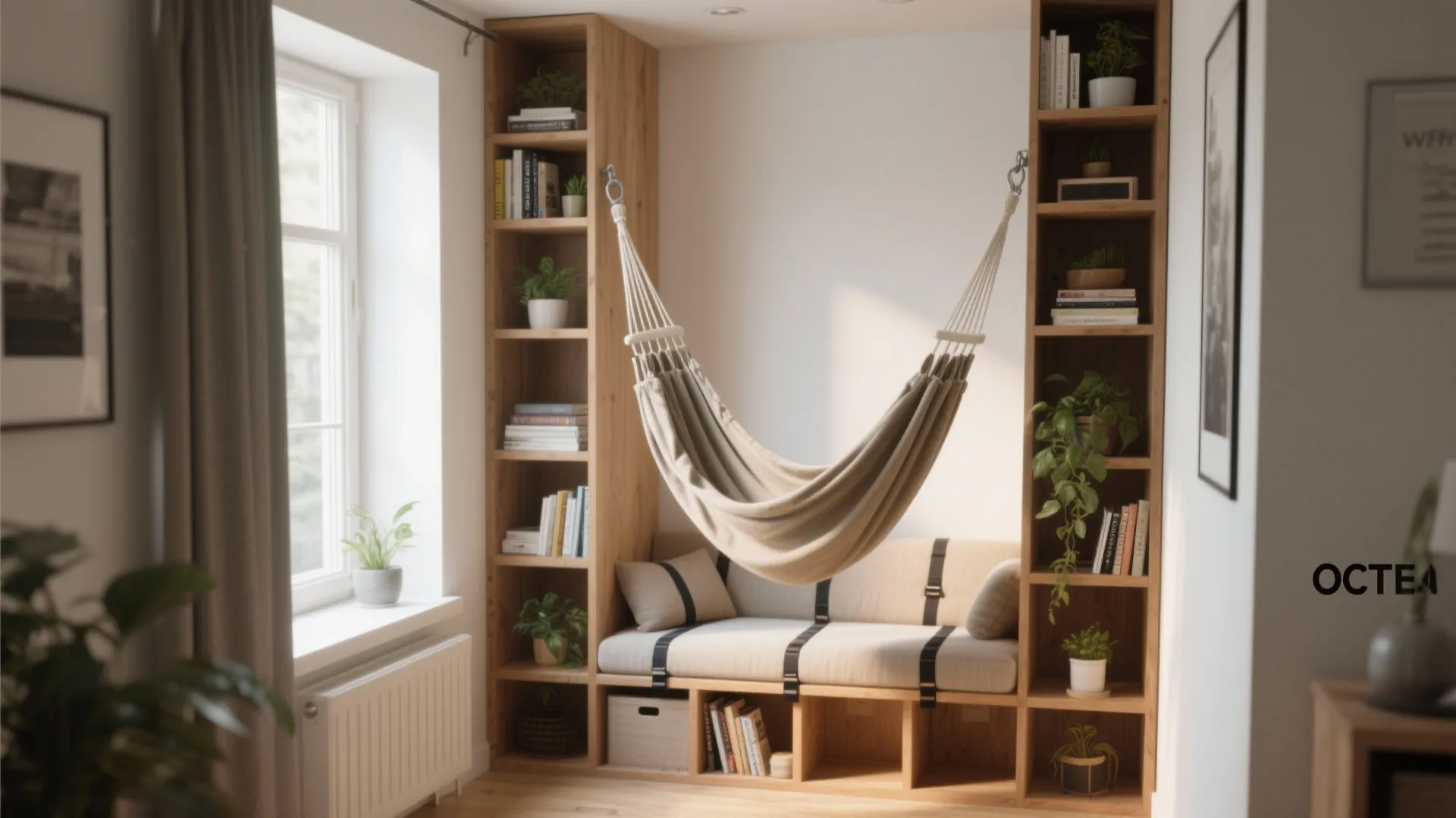 Hammock hanging between two tall wooden bookshelves in a bright room with window and plants