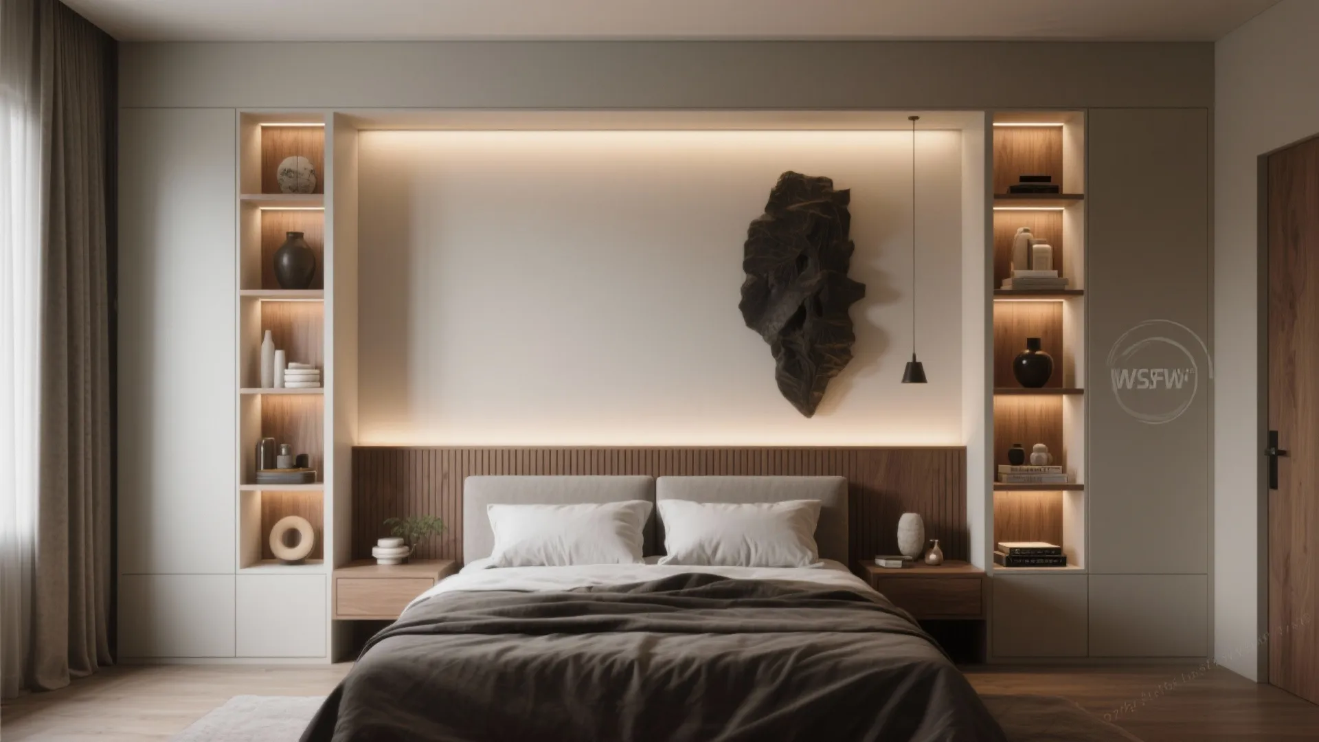 Modern bedroom with integrated wood headboard shelving units and warm soft lighting on the walls