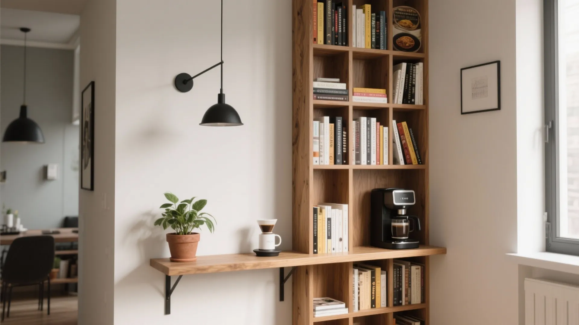 Modern wood bookshelf with coffee machine black wall light green plant and books in room