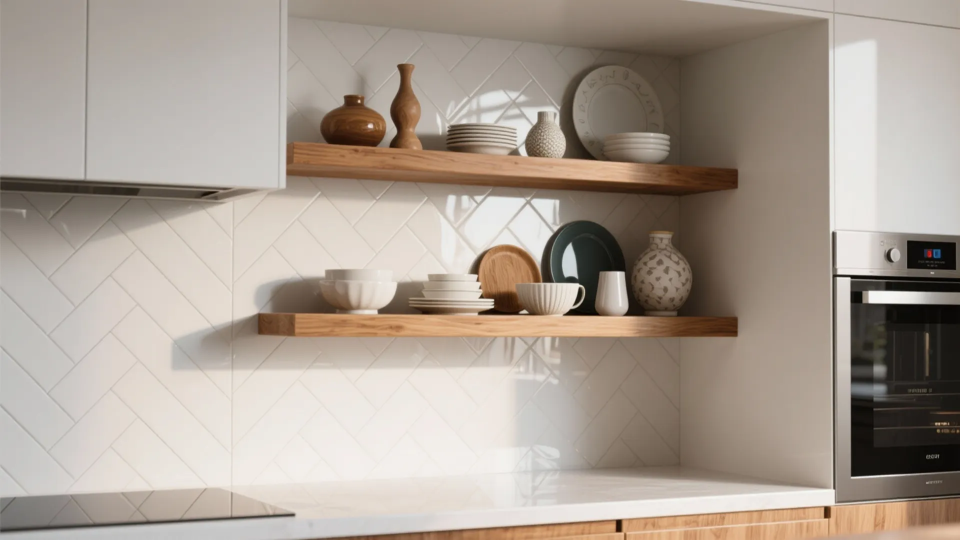2. Herringbone behind open shelving to frame your items