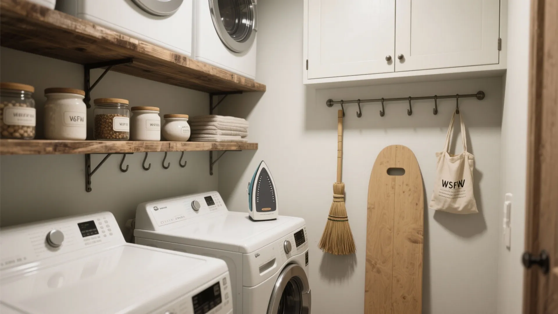 4. Overhead Shelves + Hooks for Vertical Storage