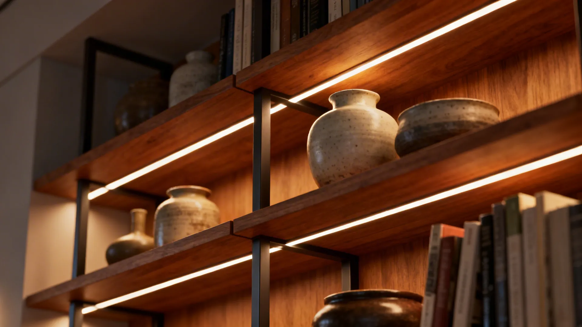 Multi-level wooden shelves with warm integrated LED lighting showcasing ceramics