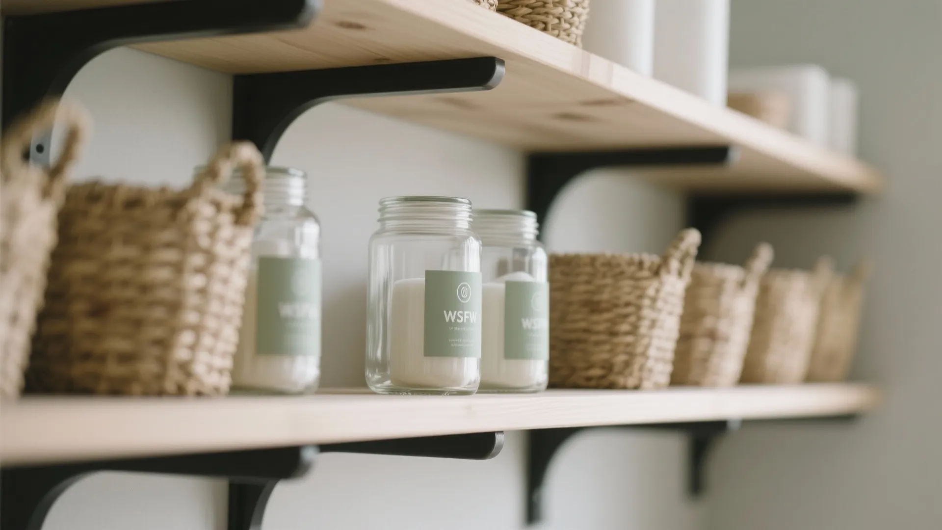 3) Open Shelves, Glass Jars, and Labeled Baskets