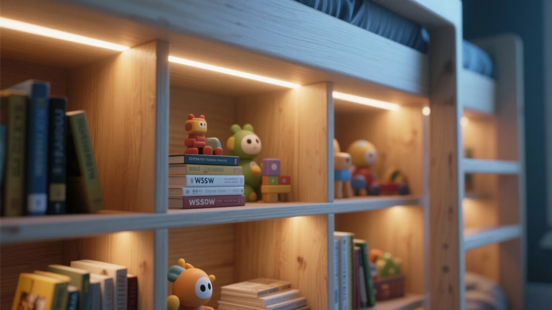 Wooden bookshelves with warm light strips holding colorful books and toy figures in children bedroom
