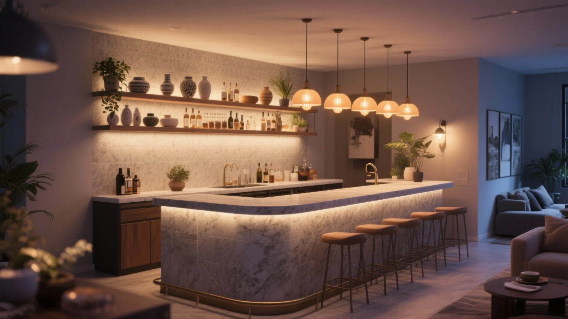 4. Open Shelves and Lighting to Anchor the Living Area